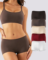 A woman models a matching bra and high-waisted brief set in a dark taupe-brown color. To the right, a vertical stack shows five additional color options for the underwear: black, dark gray, cream, burgundy, and white.